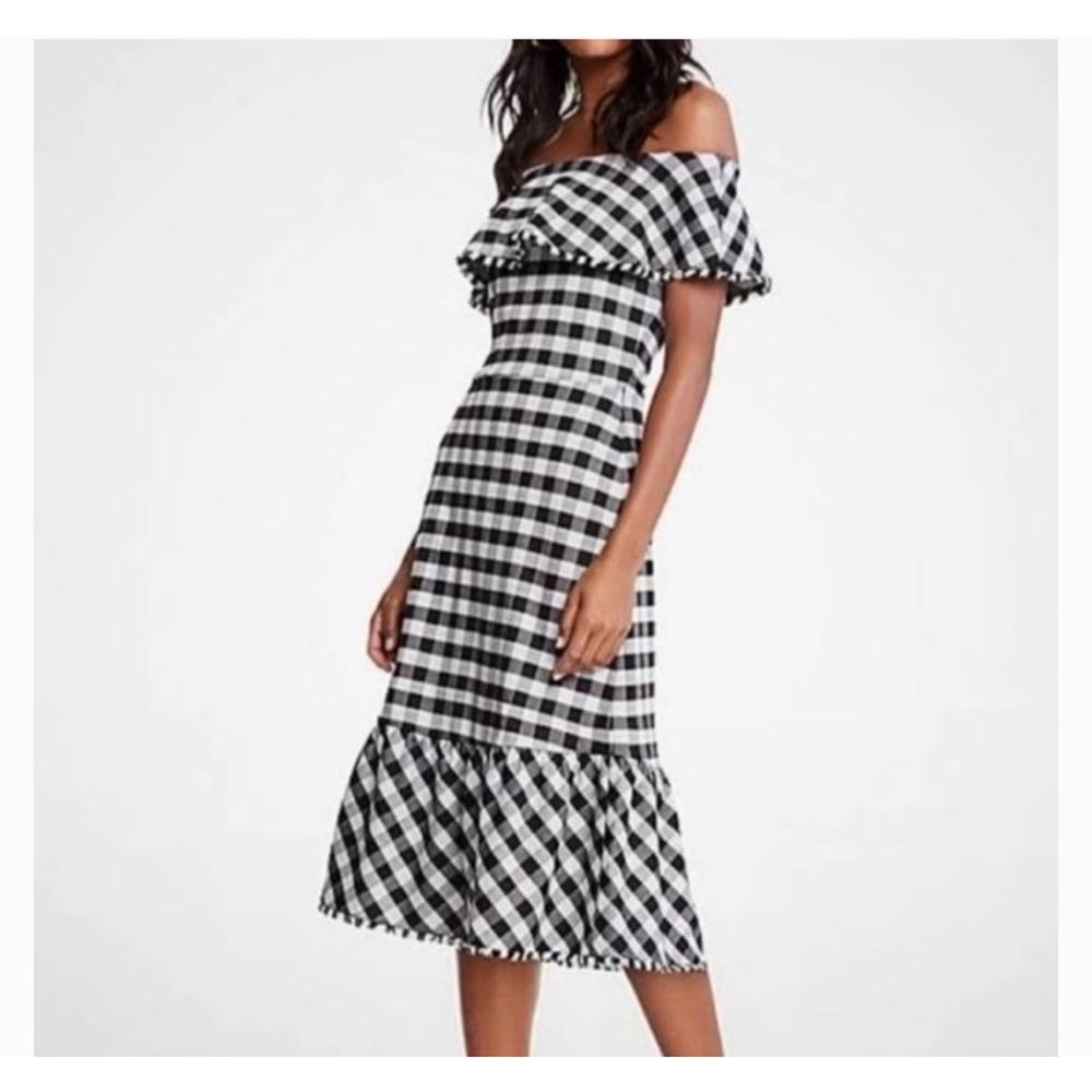 Ann Taylor Factory Black and White Gingham Midi Dress